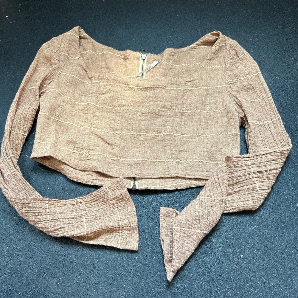 Free People Tan Cream Long Sleeve Crop Blouse
